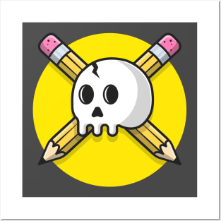 Skull And Cross Pencil Cartoon Vector Icon Illustration Posters and Art